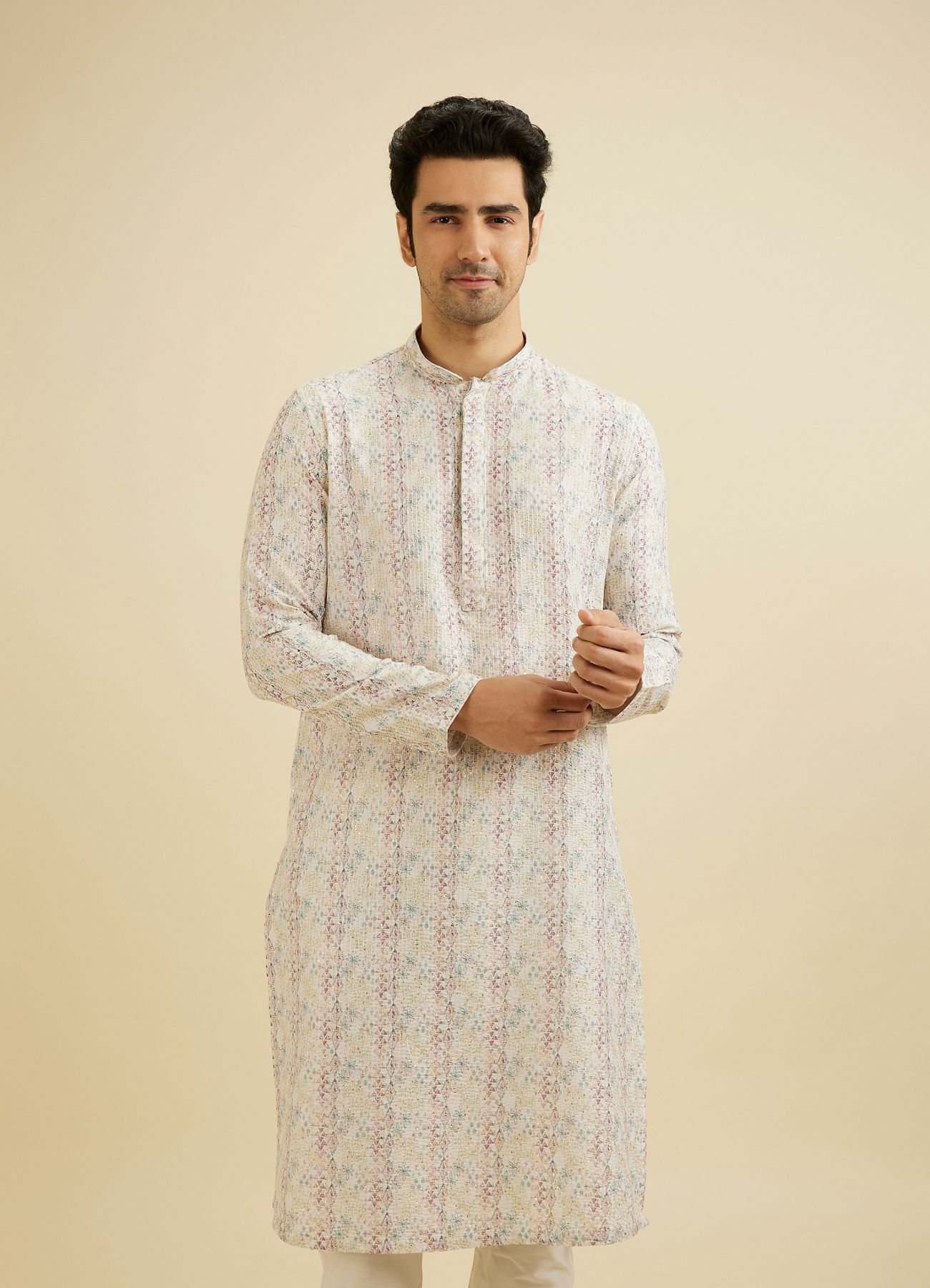 Manyavar Men Cream White Pixel Printed Kurta Set