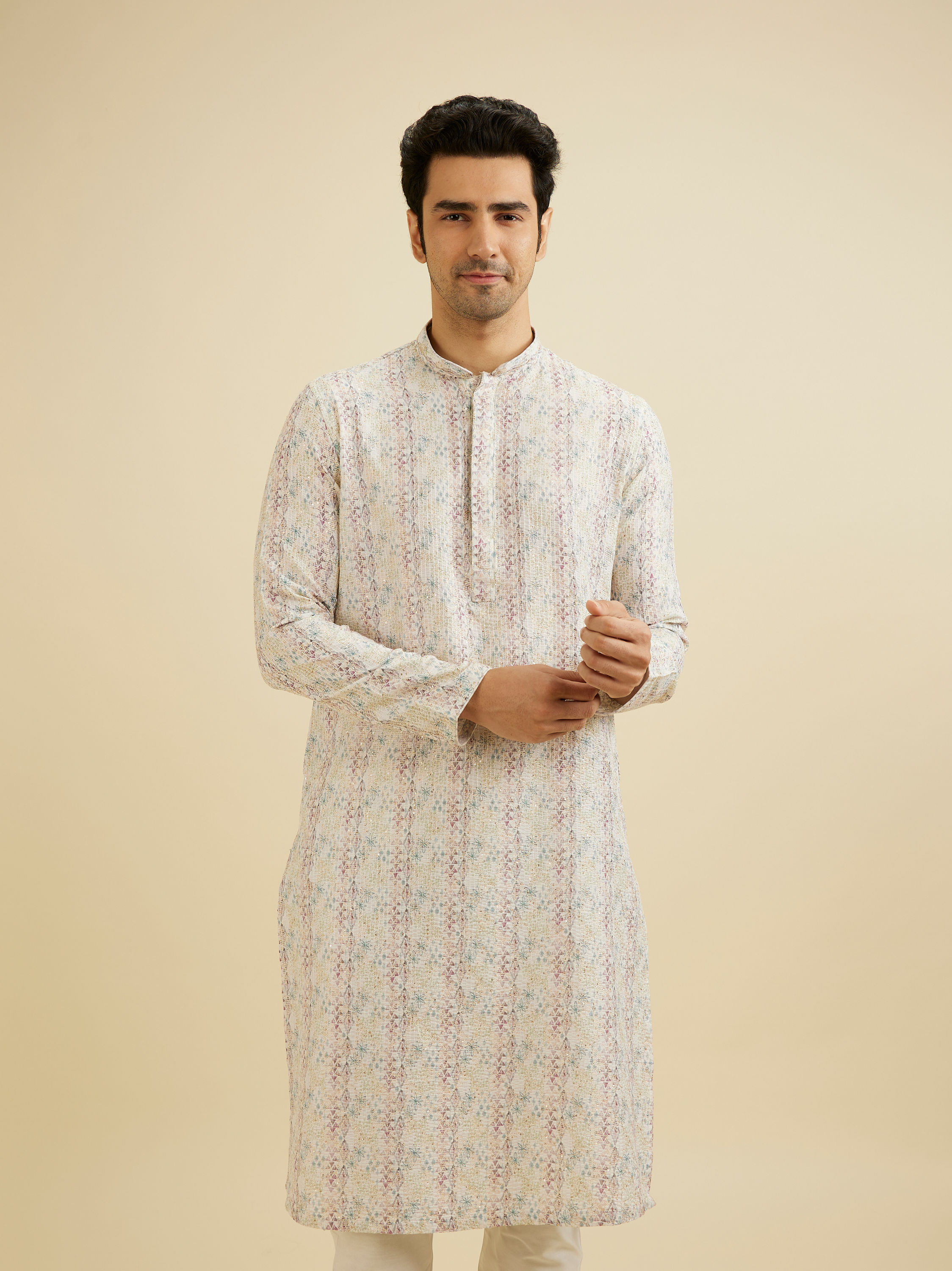 Manyavar Men Cream White Pixel Printed Kurta Set