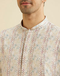 Manyavar Men Cream White Pixel Printed Kurta Set