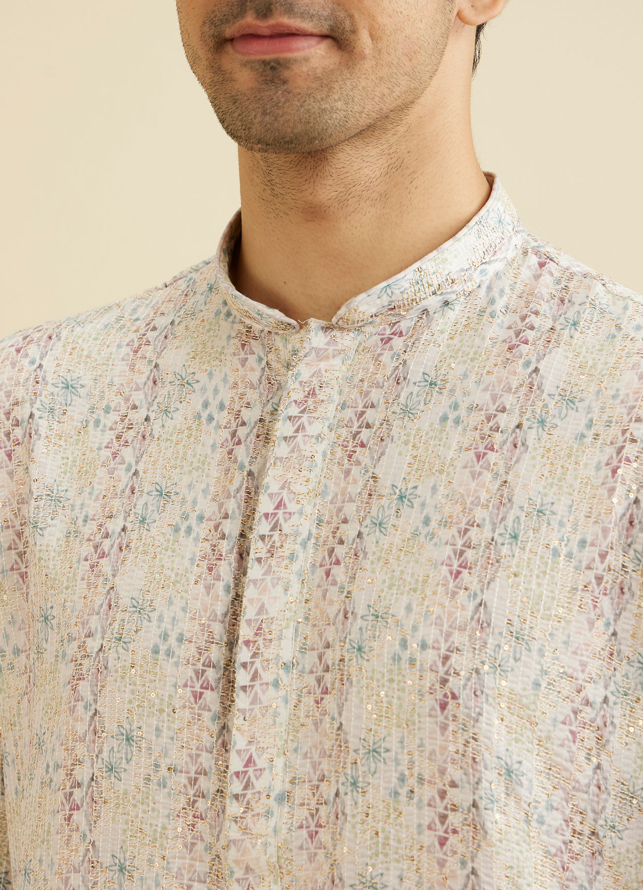 Manyavar Men Cream White Pixel Printed Kurta Set
