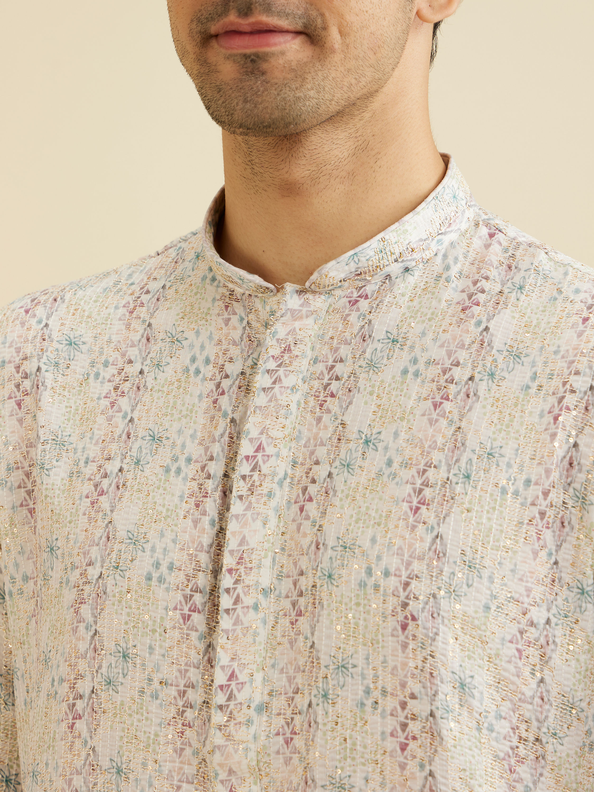 Manyavar Men Cream White Pixel Printed Kurta Set