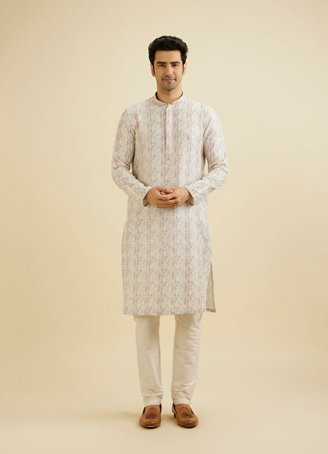 Manyavar Men Cream White Pixel Printed Kurta Set