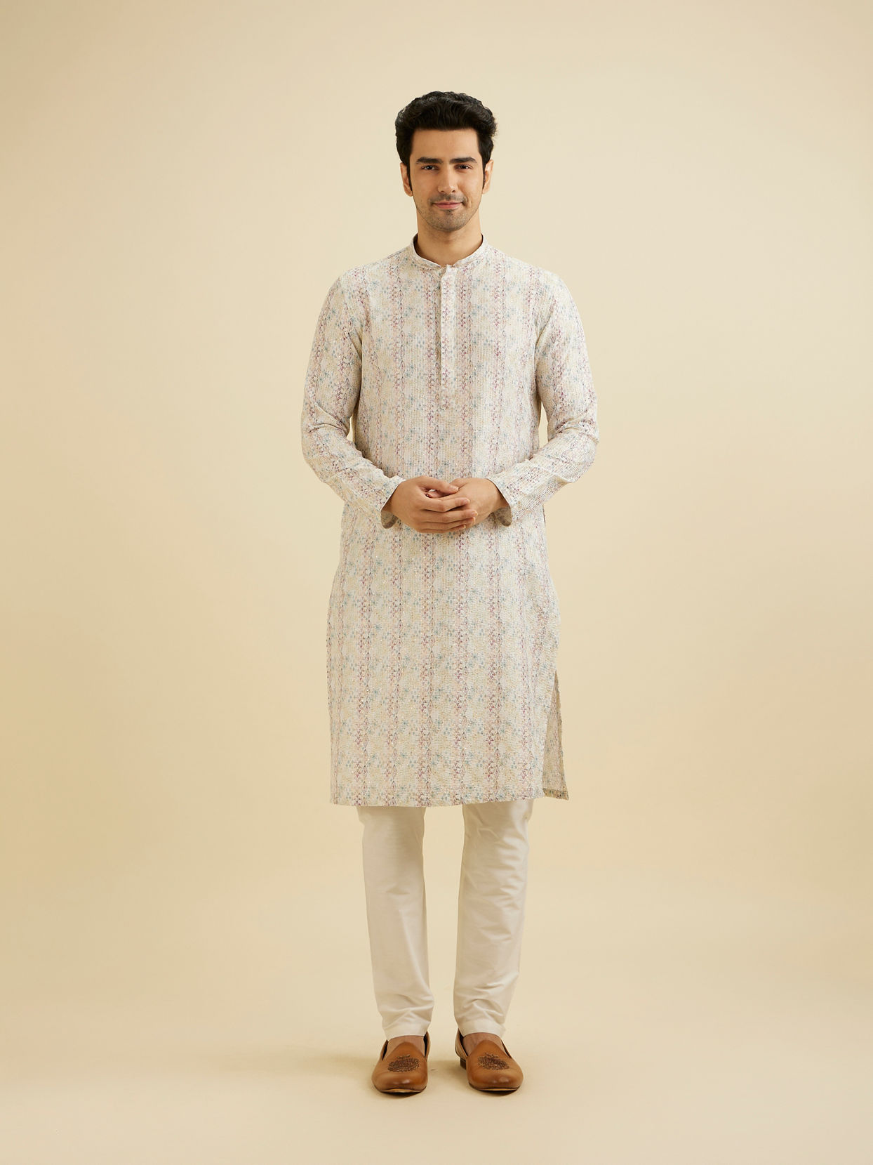 Manyavar Men Cream White Pixel Printed Kurta Set