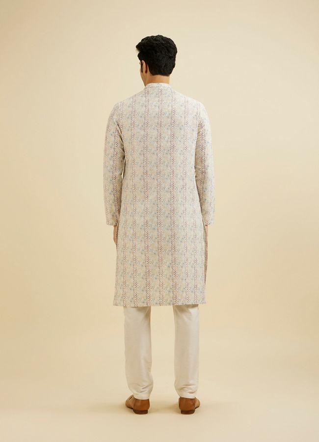 Manyavar Men Cream White Pixel Printed Kurta Set