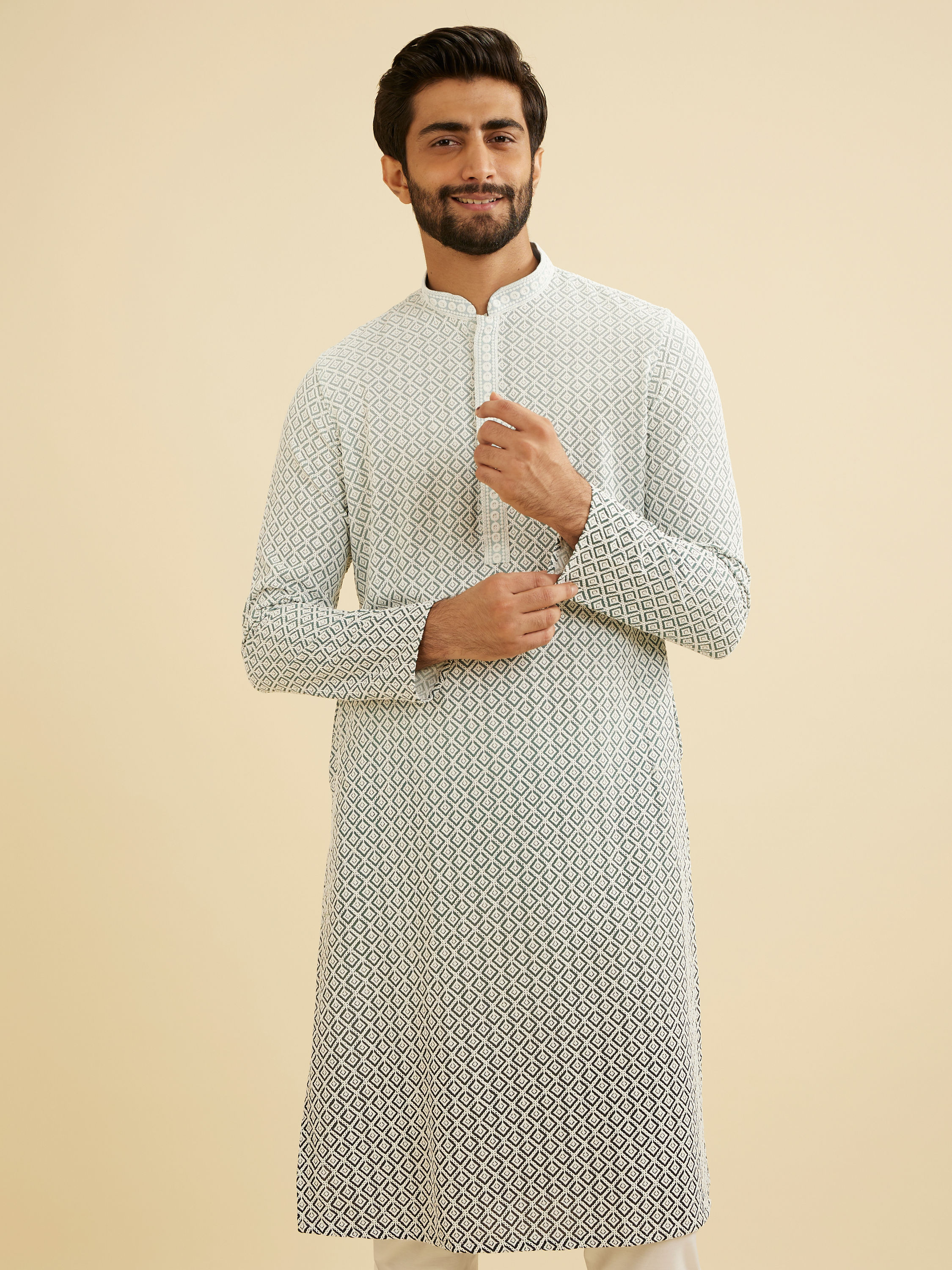 Manyavar Men Ash Grey Ombre Kurta Set with Chikankari Work