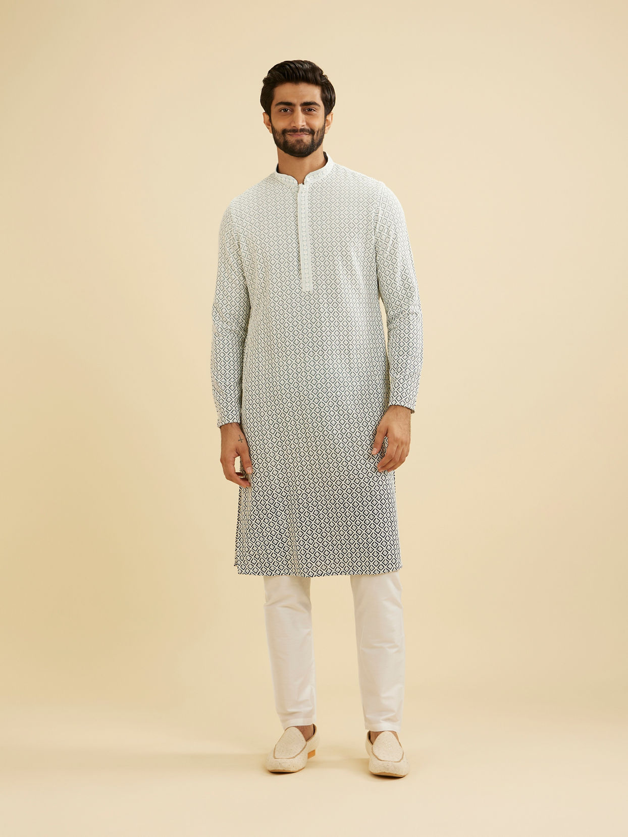 Manyavar Men Ash Grey Ombre Kurta Set with Chikankari Work