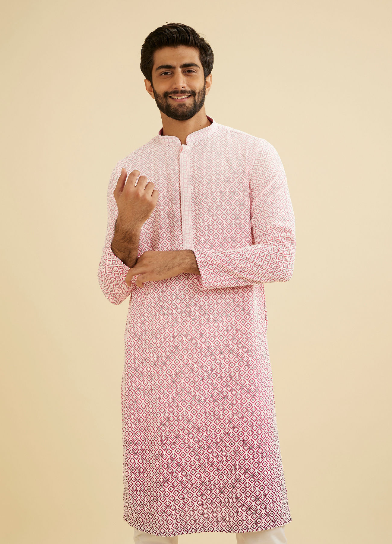 Manyavar Men Bubblegum Pink Ombre Kurta Set with Chikankari Work