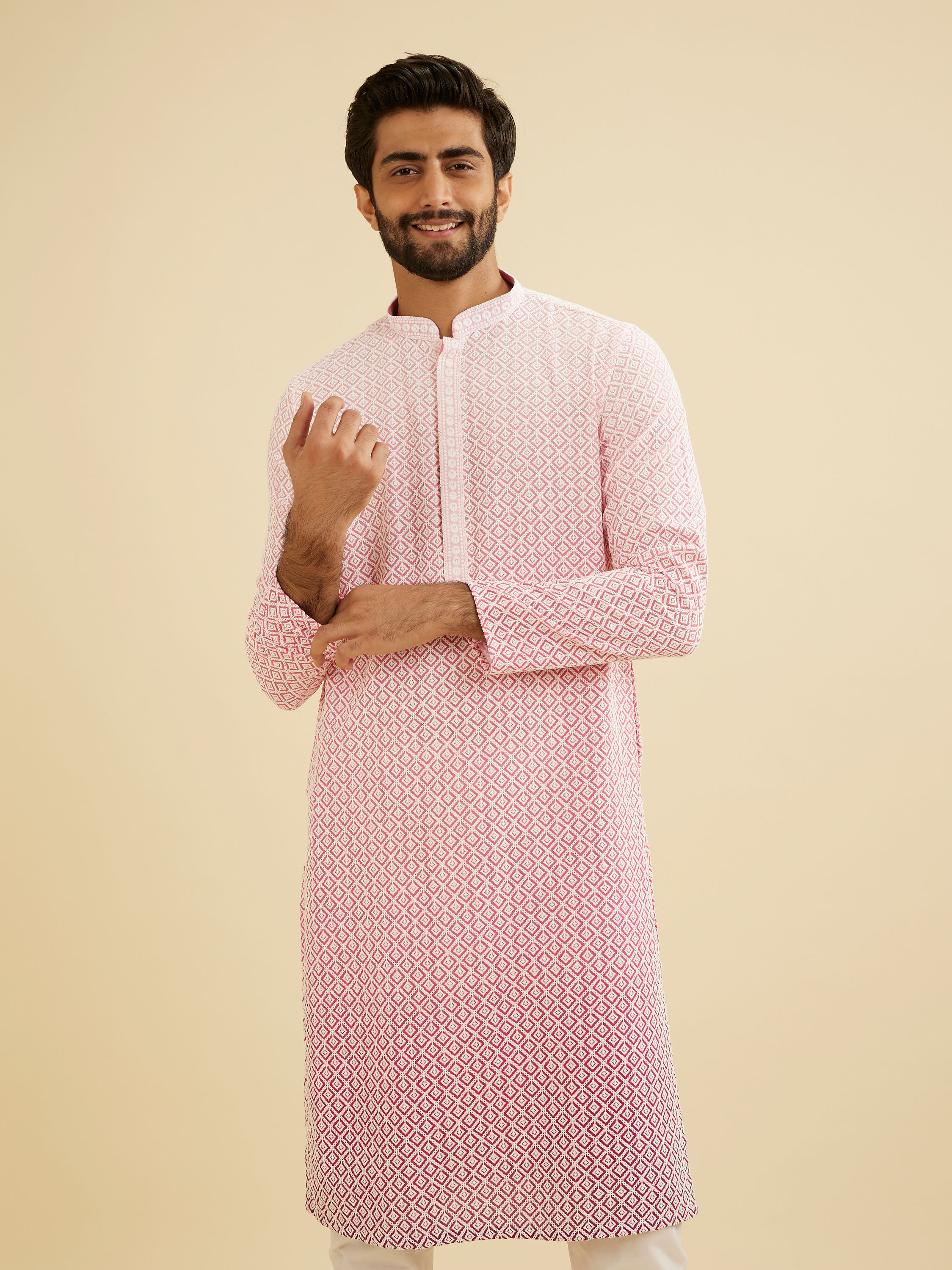 Manyavar Men Bubblegum Pink Ombre Kurta Set with Chikankari Work