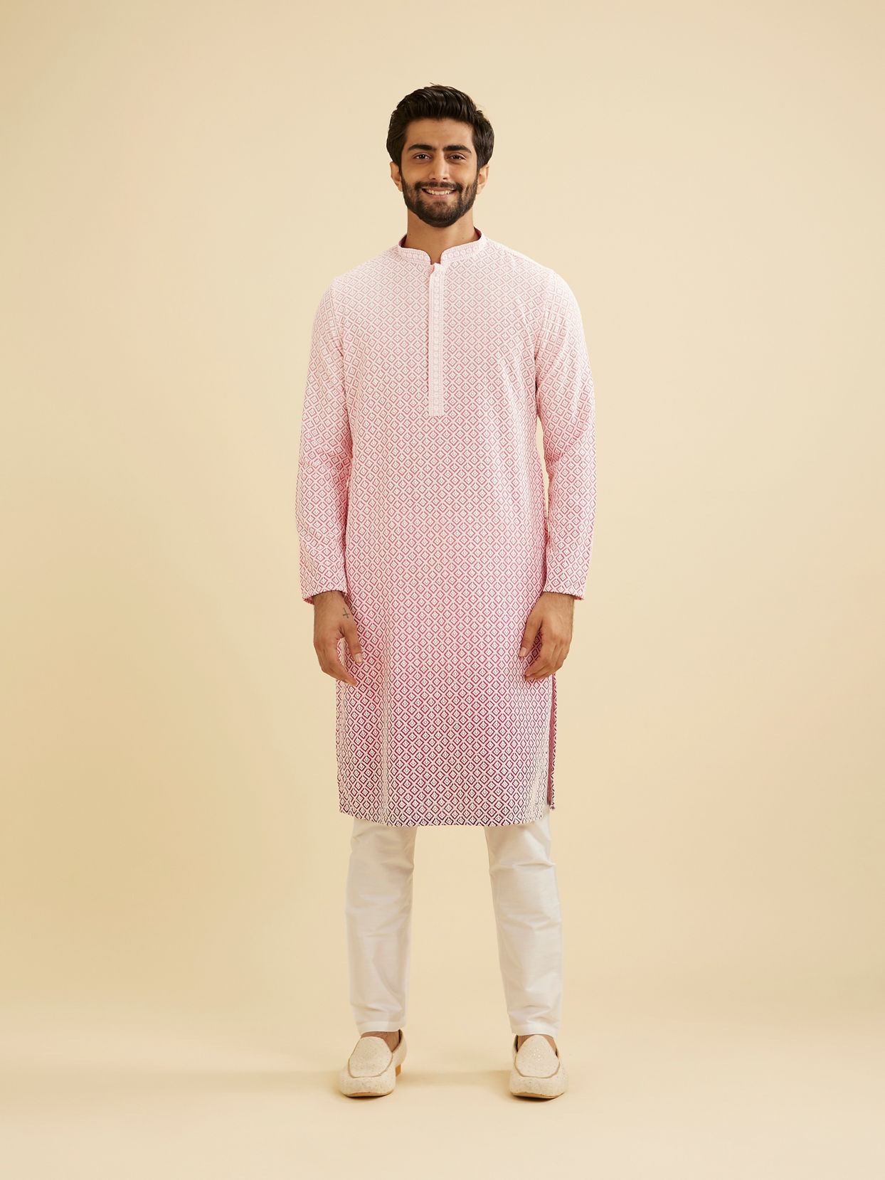 Manyavar Men Bubblegum Pink Ombre Kurta Set with Chikankari Work