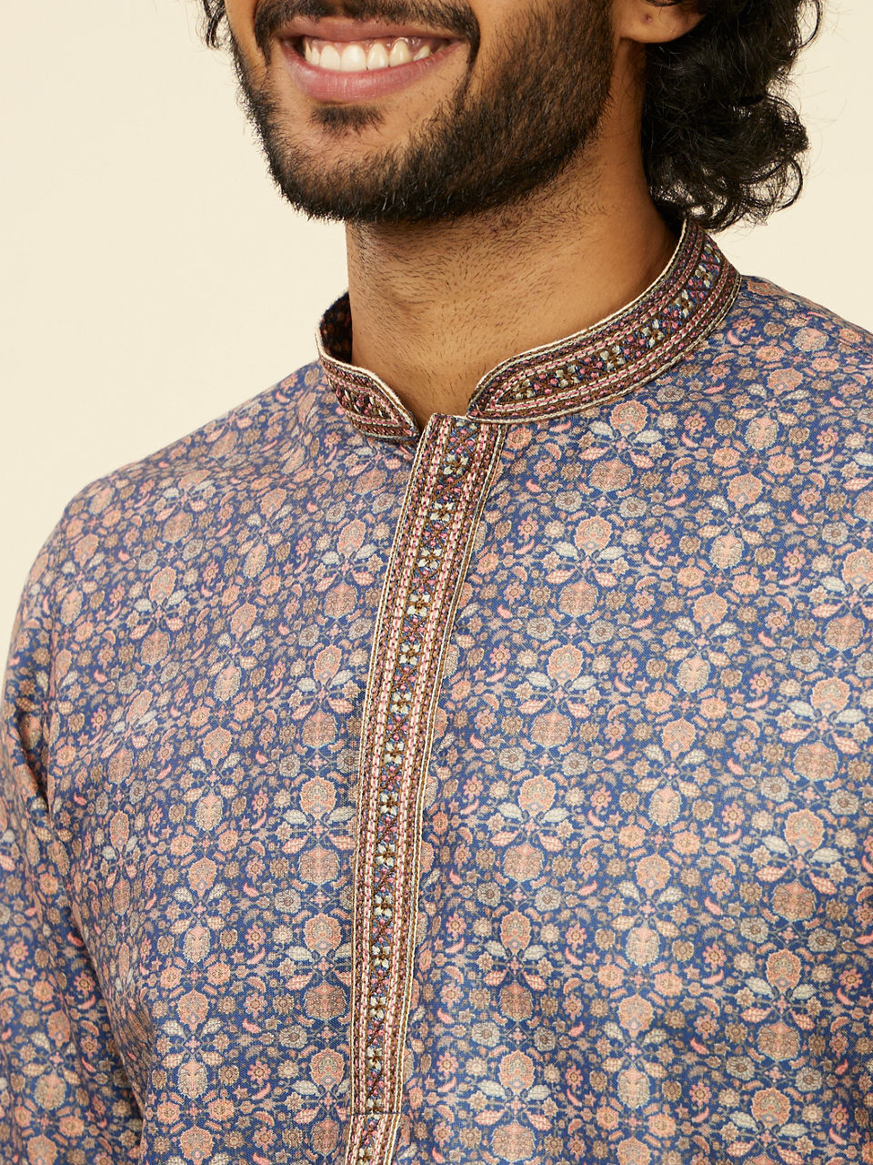 Manyavar Men Oxford Blue Floral Jaal Patterned Kurta Set