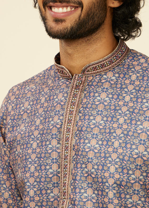 Manyavar Men Oxford Blue Floral Jaal Patterned Kurta Set