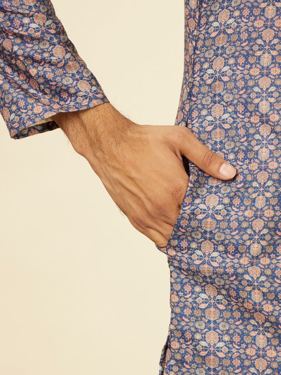 Manyavar Men Oxford Blue Floral Jaal Patterned Kurta Set