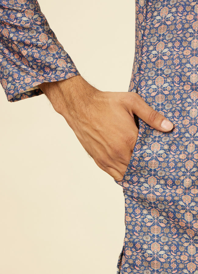 Manyavar Men Oxford Blue Floral Jaal Patterned Kurta Set