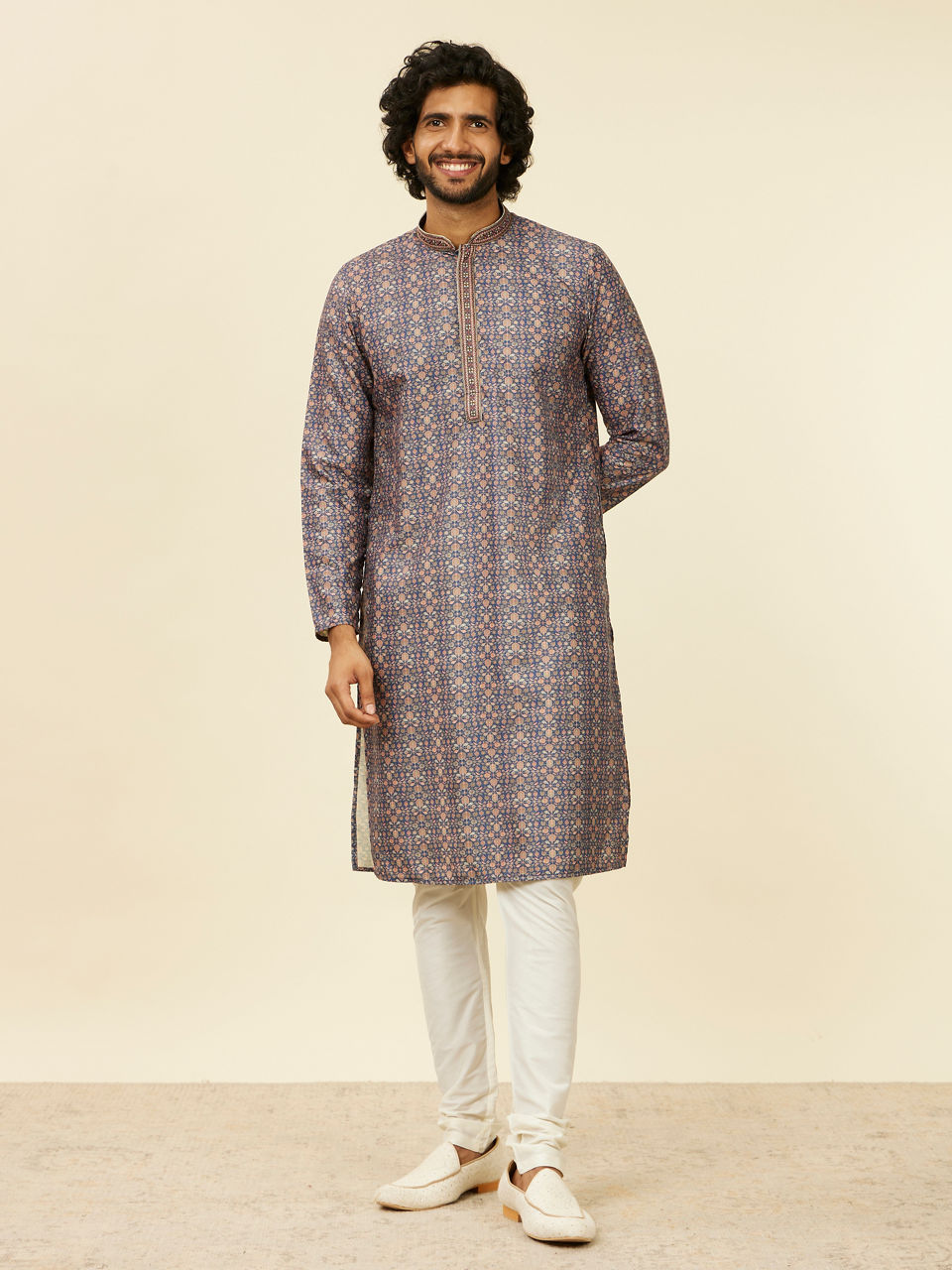 Manyavar Men Oxford Blue Floral Jaal Patterned Kurta Set