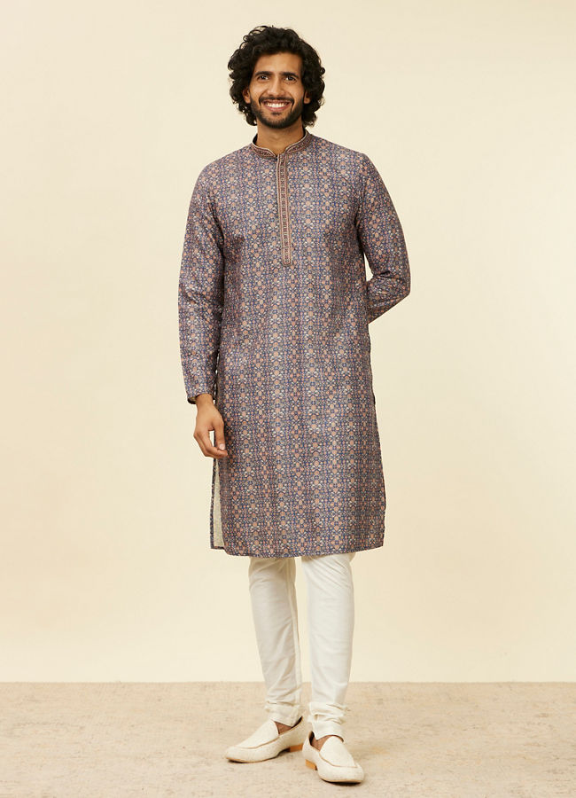 Manyavar Men Oxford Blue Floral Jaal Patterned Kurta Set