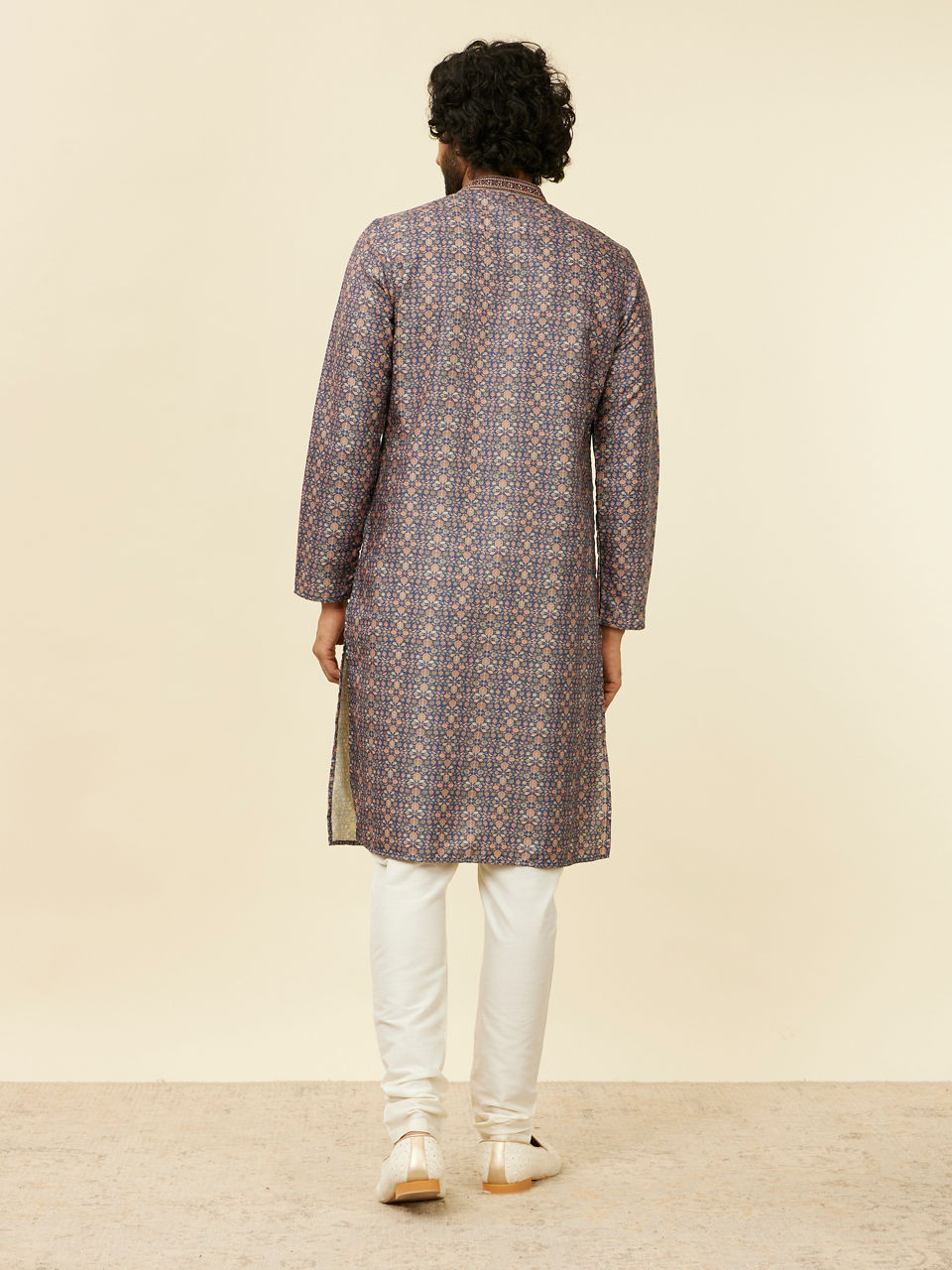 Manyavar Men Oxford Blue Floral Jaal Patterned Kurta Set