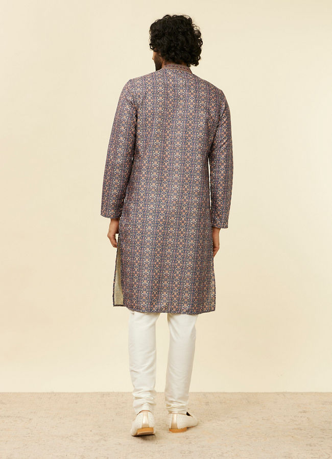 Manyavar Men Oxford Blue Floral Jaal Patterned Kurta Set