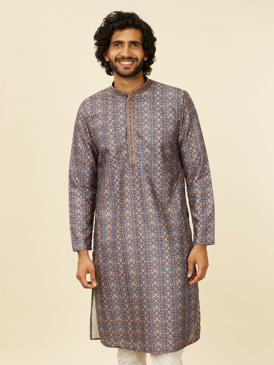 Manyavar Men Oxford Blue Floral Jaal Patterned Kurta Set