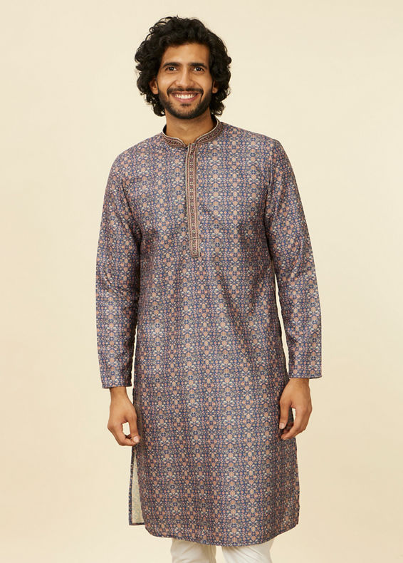 Manyavar Men Oxford Blue Floral Jaal Patterned Kurta Set