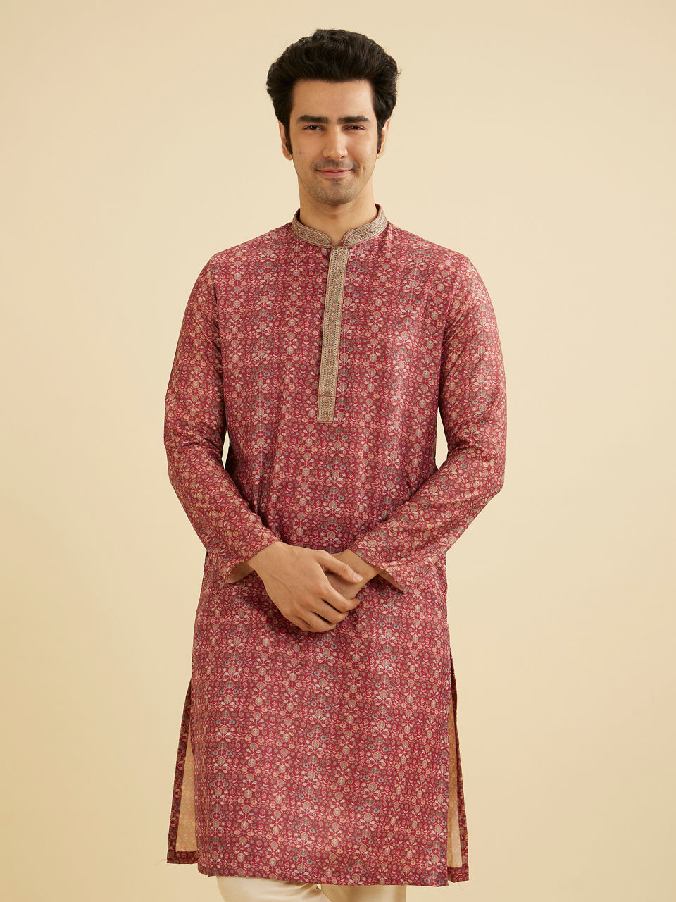Manyavar Men Rust Red Floral Jaal Patterned Kurta Set