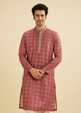 Manyavar Men Rust Red Floral Jaal Patterned Kurta Set image number 0