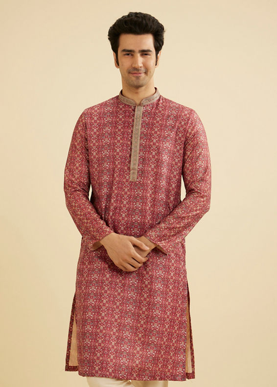 Manyavar Men Rust Red Floral Jaal Patterned Kurta Set