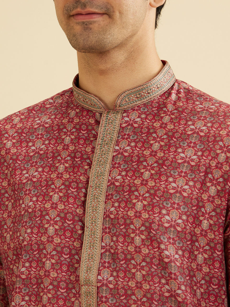 Manyavar Men Rust Red Floral Jaal Patterned Kurta Set