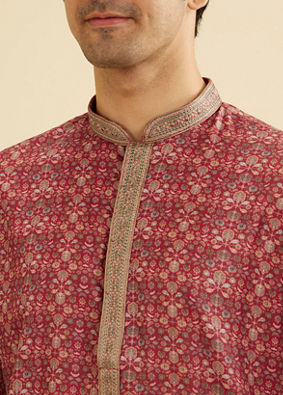 Manyavar Men Rust Red Floral Jaal Patterned Kurta Set image number 1