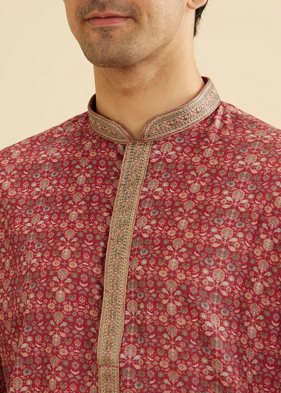 Manyavar Men Rust Red Floral Jaal Patterned Kurta Set