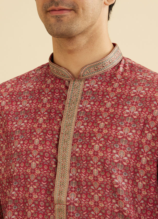 Manyavar Men Rust Red Floral Jaal Patterned Kurta Set image number 1