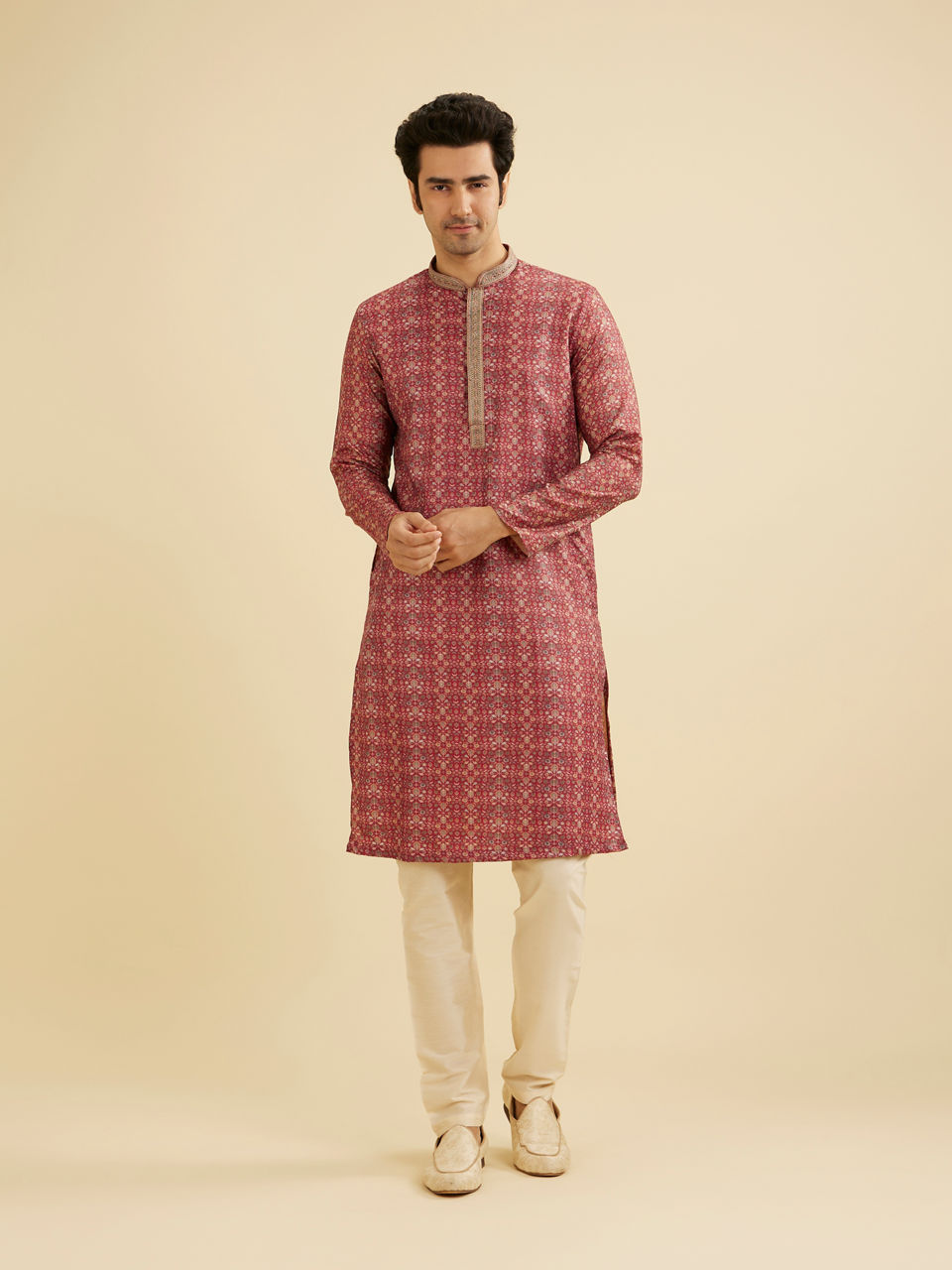 Manyavar Men Rust Red Floral Jaal Patterned Kurta Set