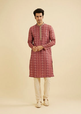 Manyavar Men Rust Red Floral Jaal Patterned Kurta Set image number 2