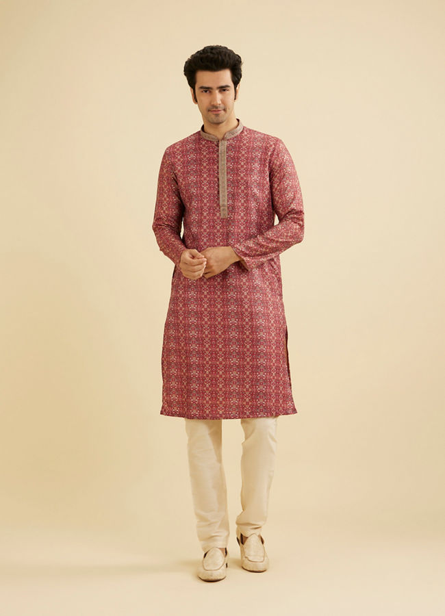 Manyavar Men Rust Red Floral Jaal Patterned Kurta Set image number 2