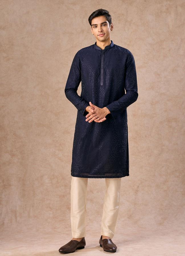 Manyavar Men Mystic Dark Blue Kurta Pajama Set