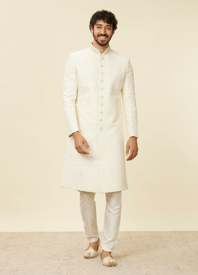 Manyavar Men Warm White Scallop Shell Patterned Sherwani Set
