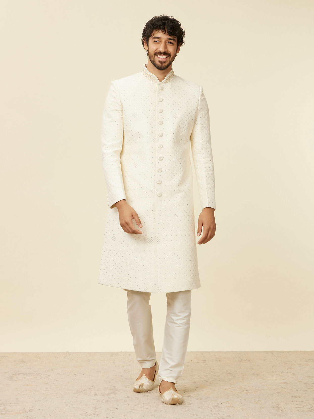 Manyavar Men Warm White Scallop Shell Patterned Sherwani Set