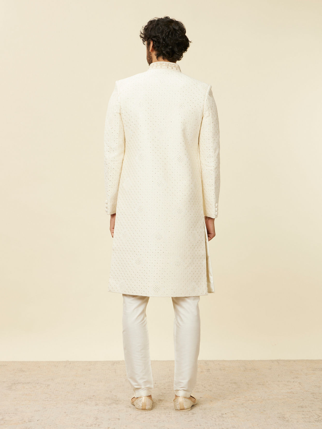Manyavar Men Warm White Scallop Shell Patterned Sherwani Set