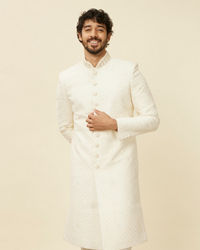 Manyavar Men Warm White Scallop Shell Patterned Sherwani Set