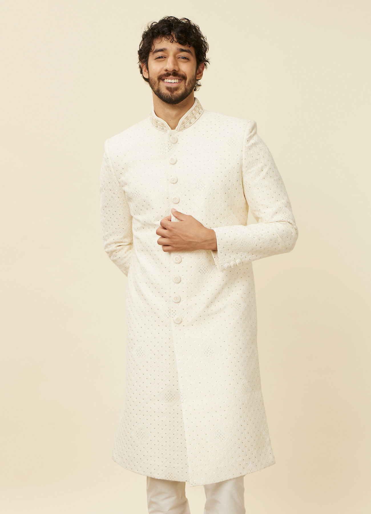 Manyavar Men Warm White Scallop Shell Patterned Sherwani Set