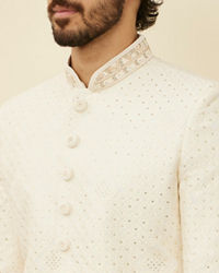 Manyavar Men Warm White Scallop Shell Patterned Sherwani Set
