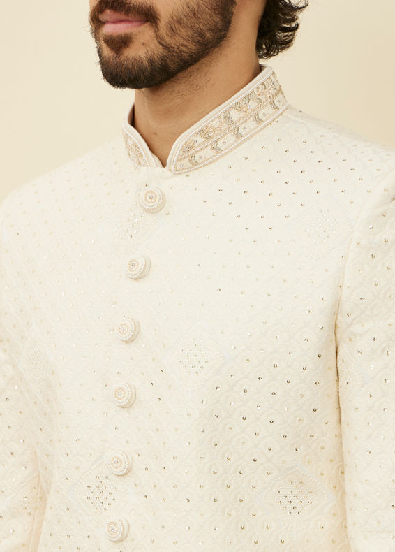 Manyavar Men Warm White Scallop Shell Patterned Sherwani Set