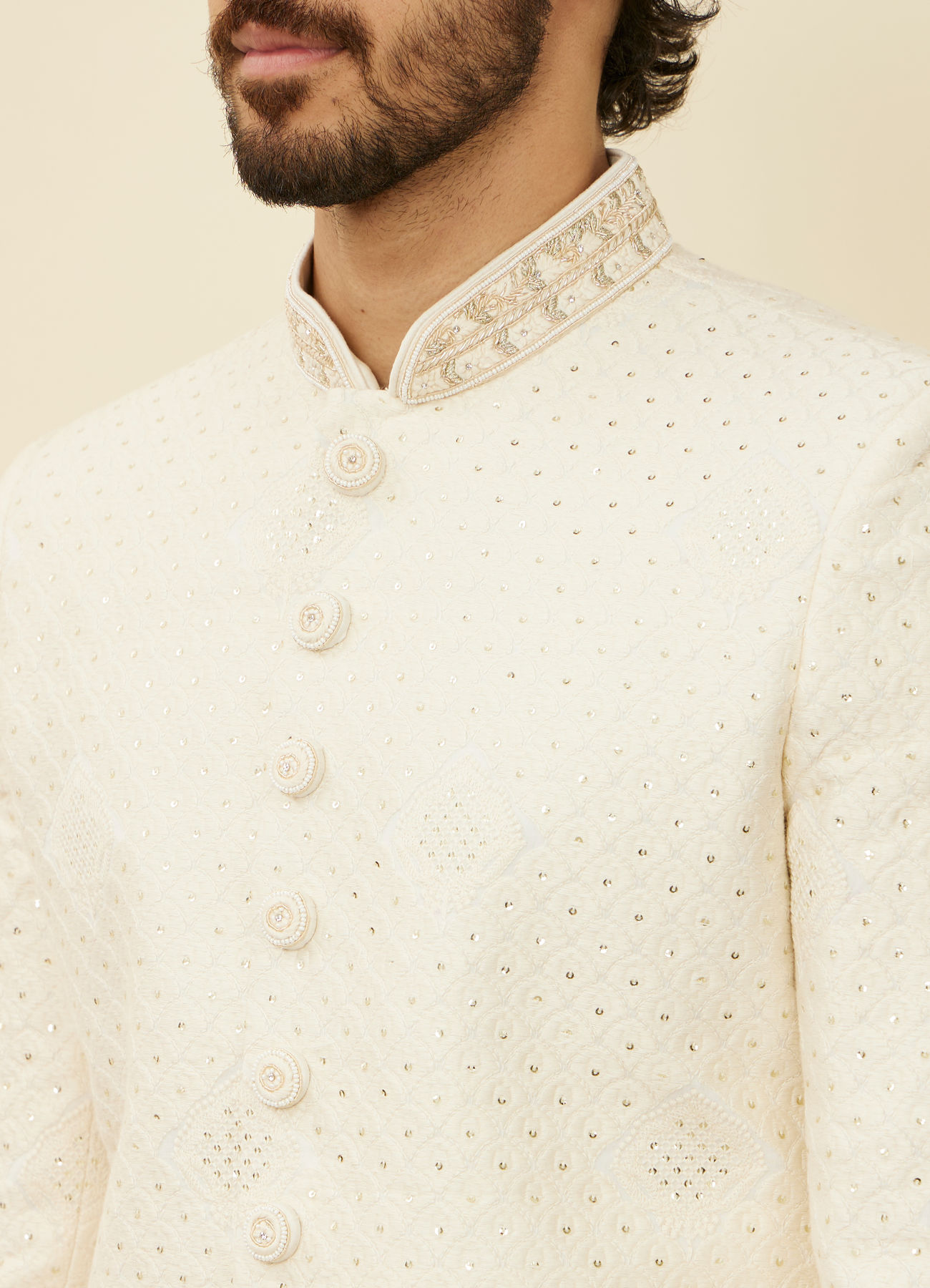 Manyavar Men Warm White Scallop Shell Patterned Sherwani Set