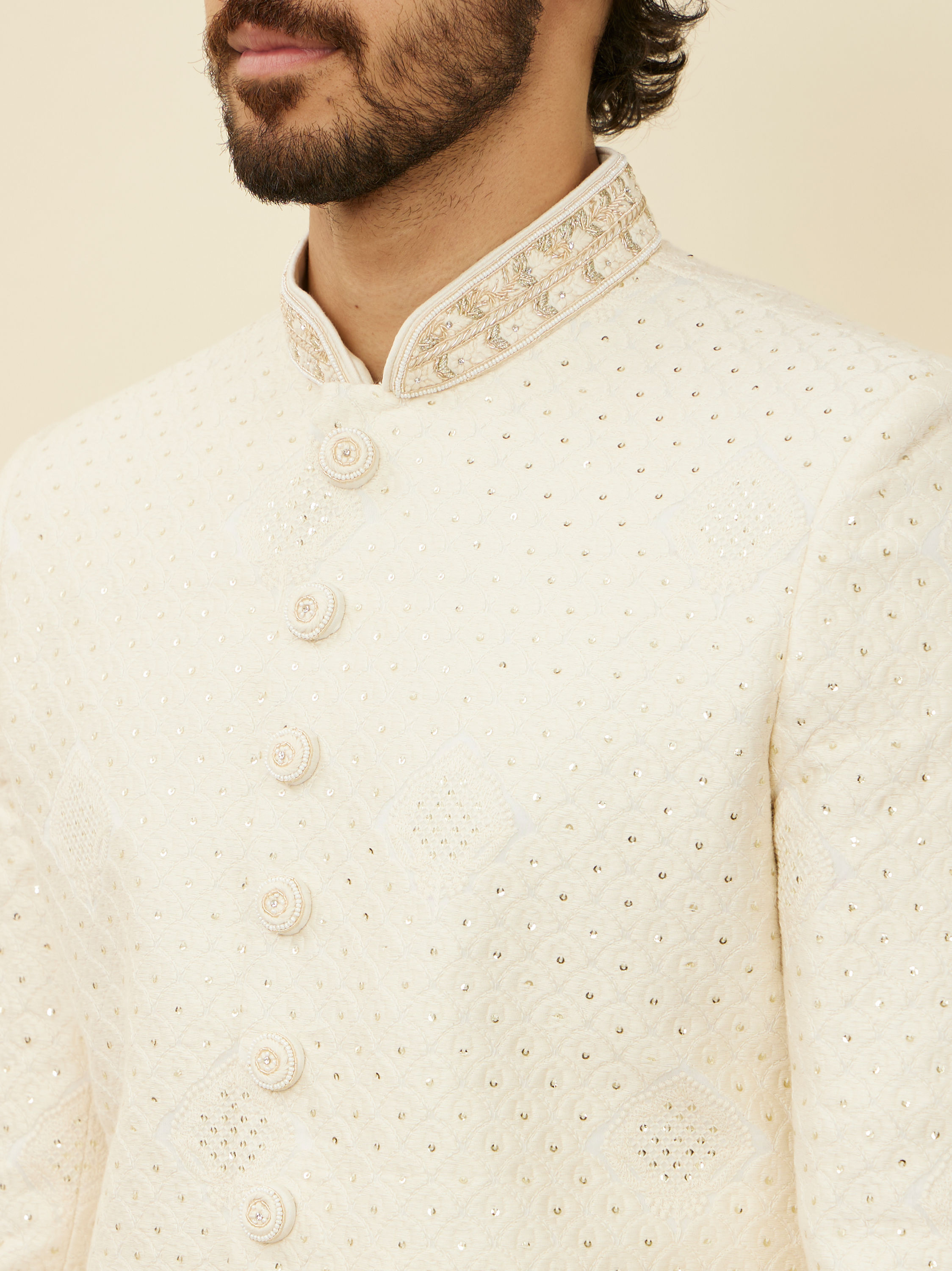 Manyavar Men Warm White Scallop Shell Patterned Sherwani Set