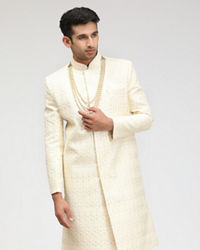 Manyavar Men Sea Shell White Self Design Sherwani