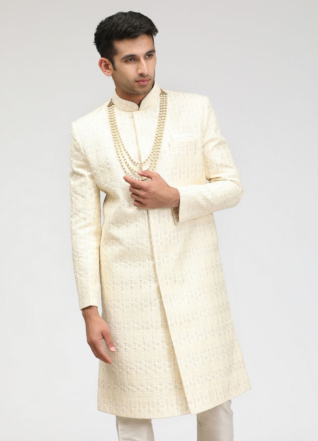 Manyavar Men Sea Shell White Self Design Sherwani