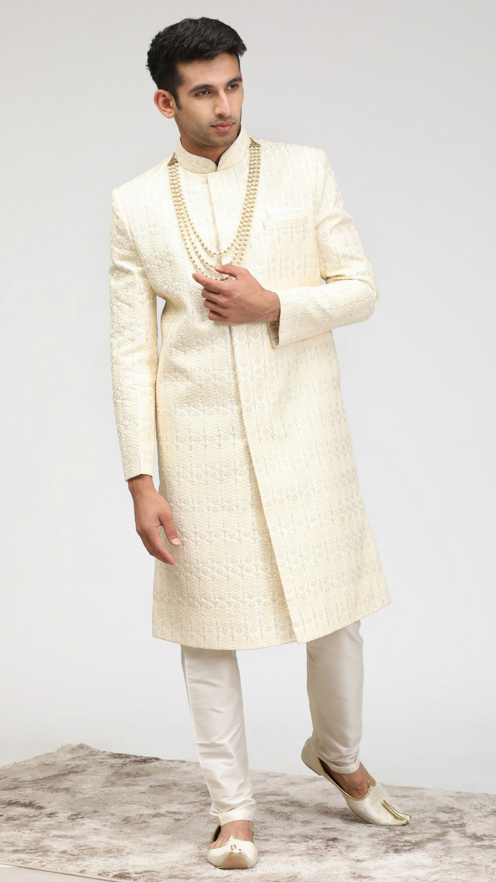 Manyavar Men Sea Shell White Self Design Sherwani