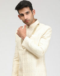 Manyavar Men Sea Shell White Self Design Sherwani