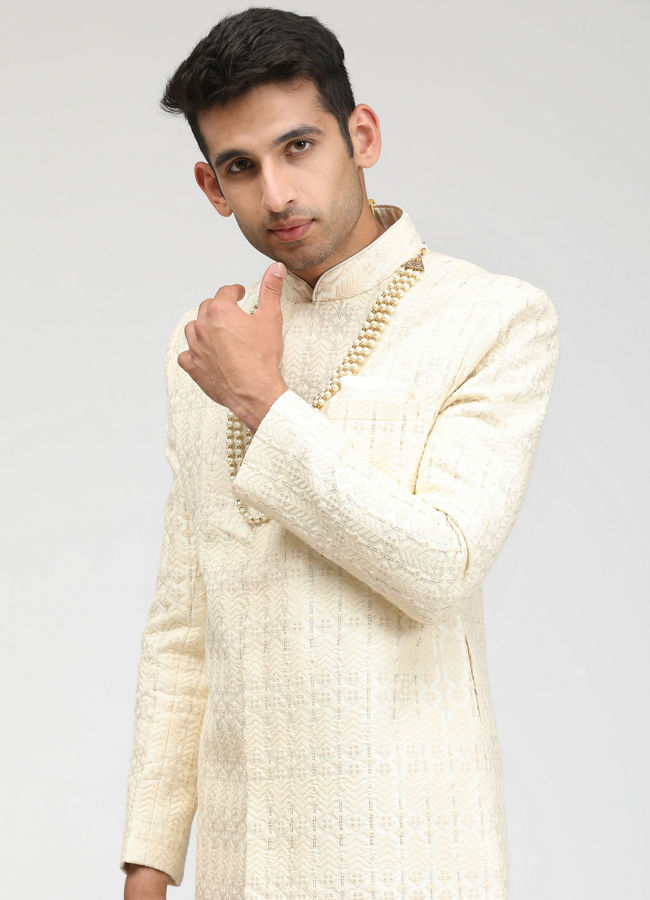 Manyavar Men Sea Shell White Self Design Sherwani