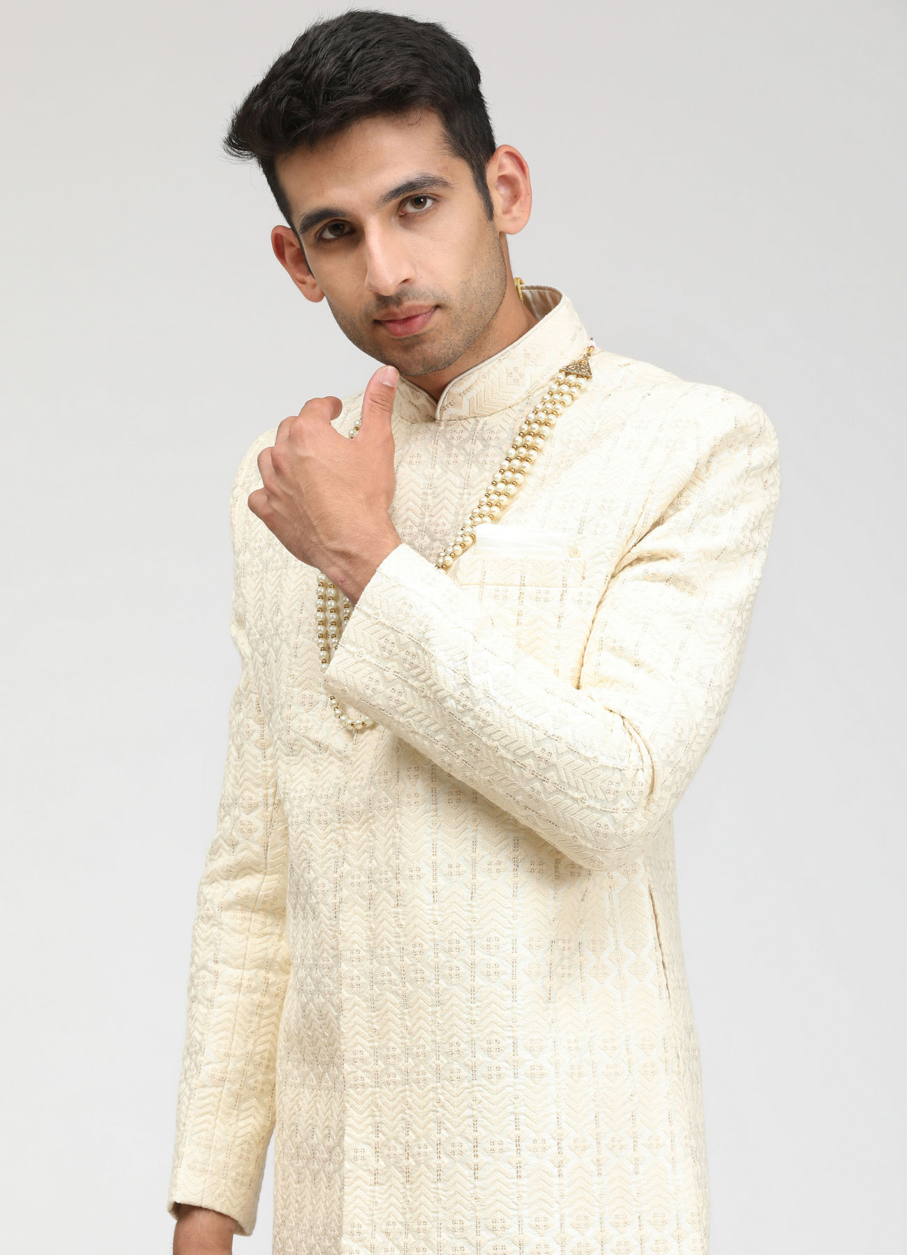 Manyavar Men Sea Shell White Self Design Sherwani