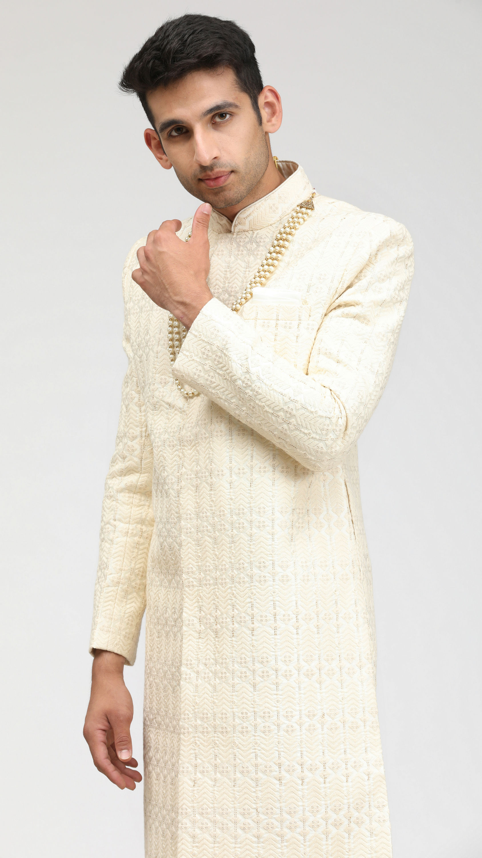 Manyavar Men Sea Shell White Self Design Sherwani